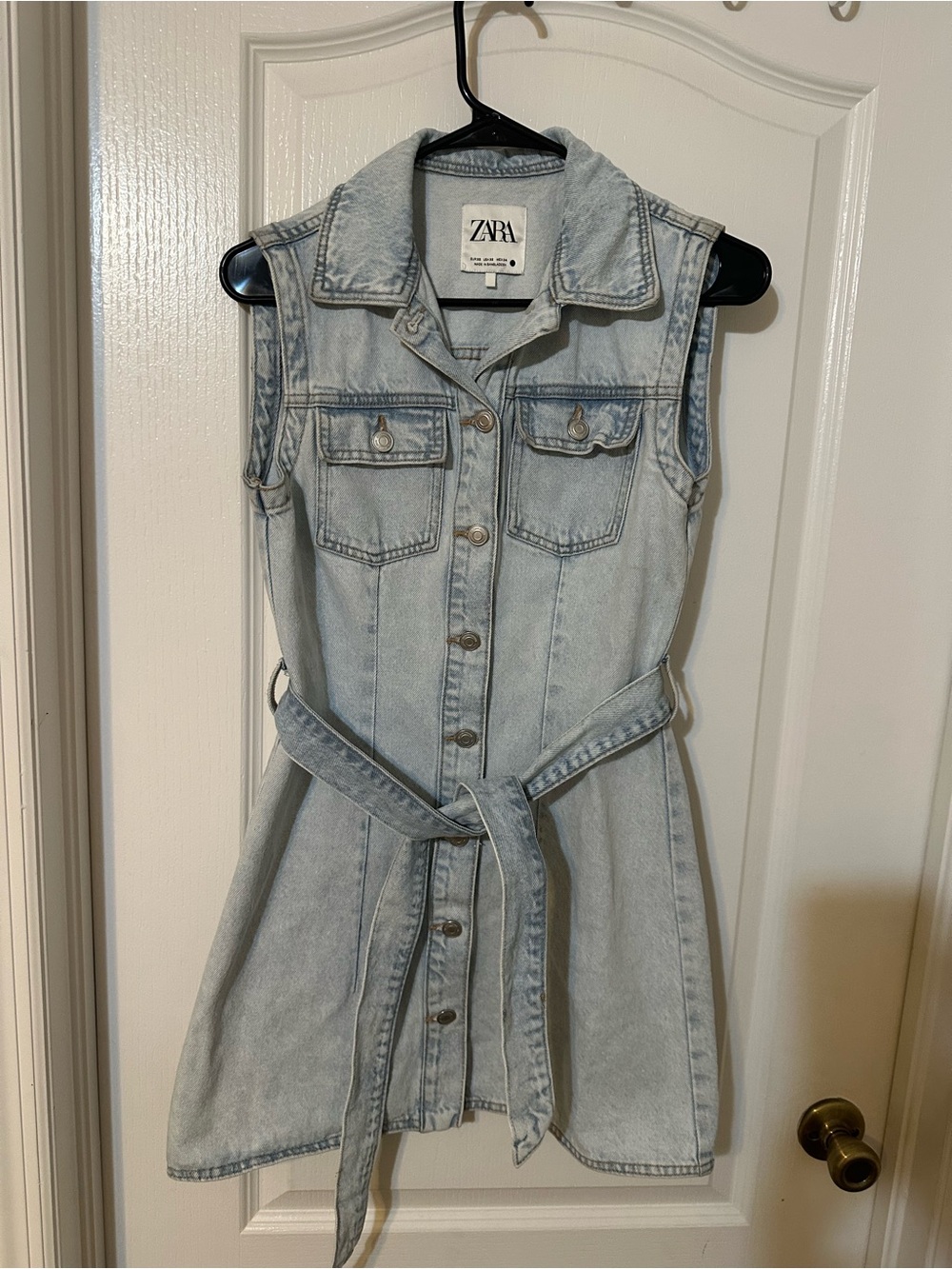 ZARA Light Wash Sleeveless Denim Mini Dress with Belt - Size XS